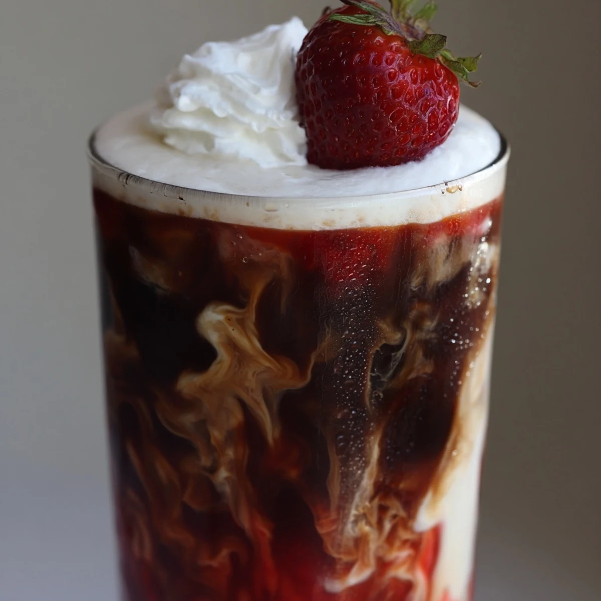 Refreshing strawberry cream cold latte topped with whipped cream and fresh berry garnish