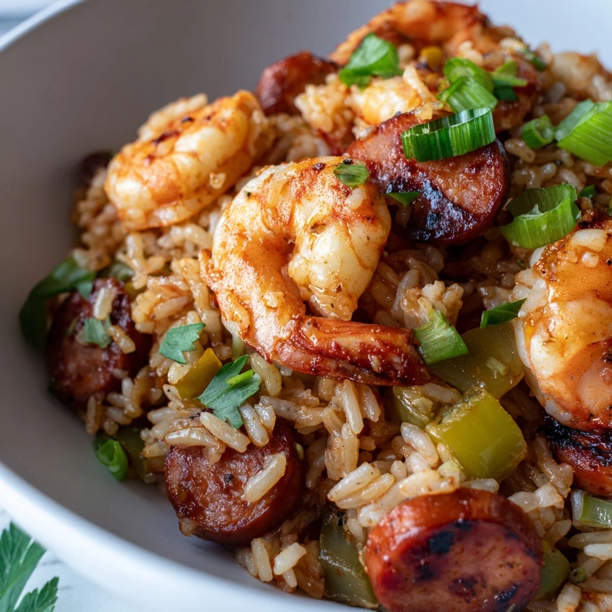 Golden shrimp and sausage dirty rice served in a cast iron skillet with fresh parsley garnish