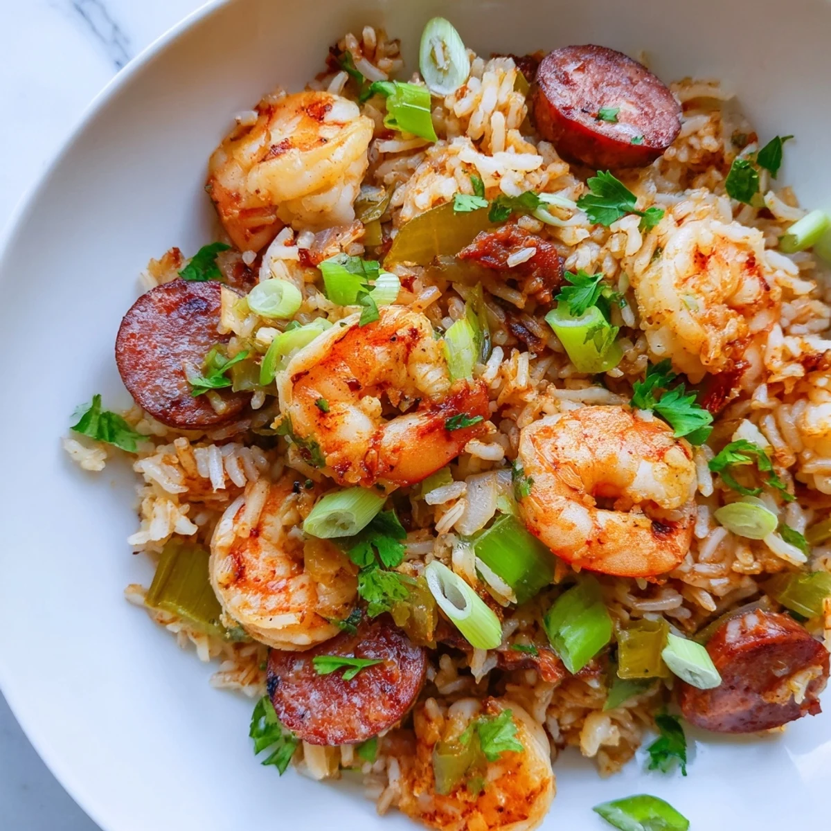 Spicy shrimp and sausage dirty rice with tender vegetables in a rustic one-pan Creole dinner