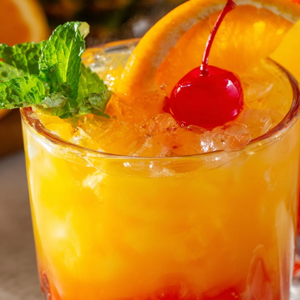 Non Alcoholic Mai Tai in a glass with fresh orange cherry garnish and crushed ice