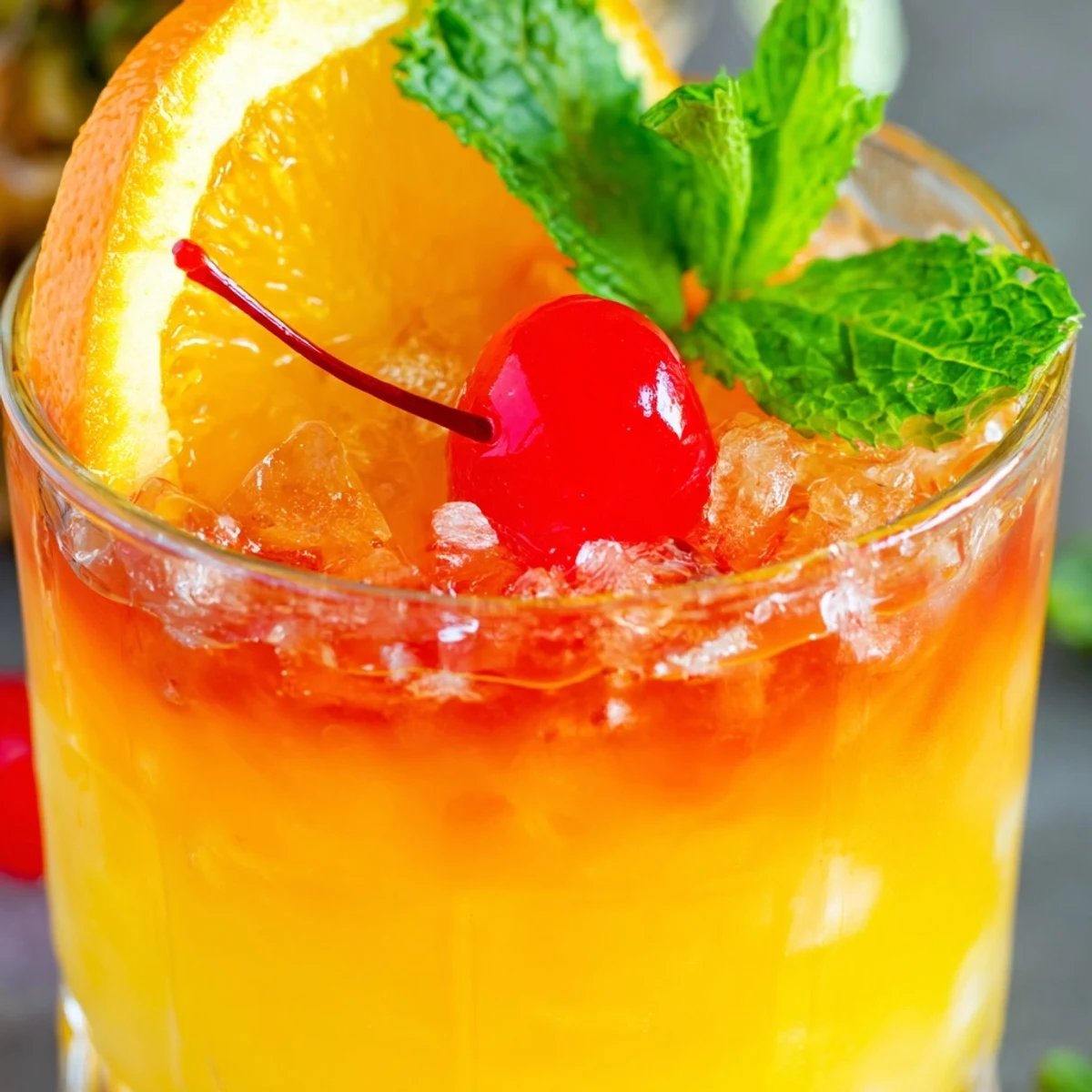 Colorful Non Alcoholic Mai Tai mocktail with tropical fruit and bright red grenadine layers
