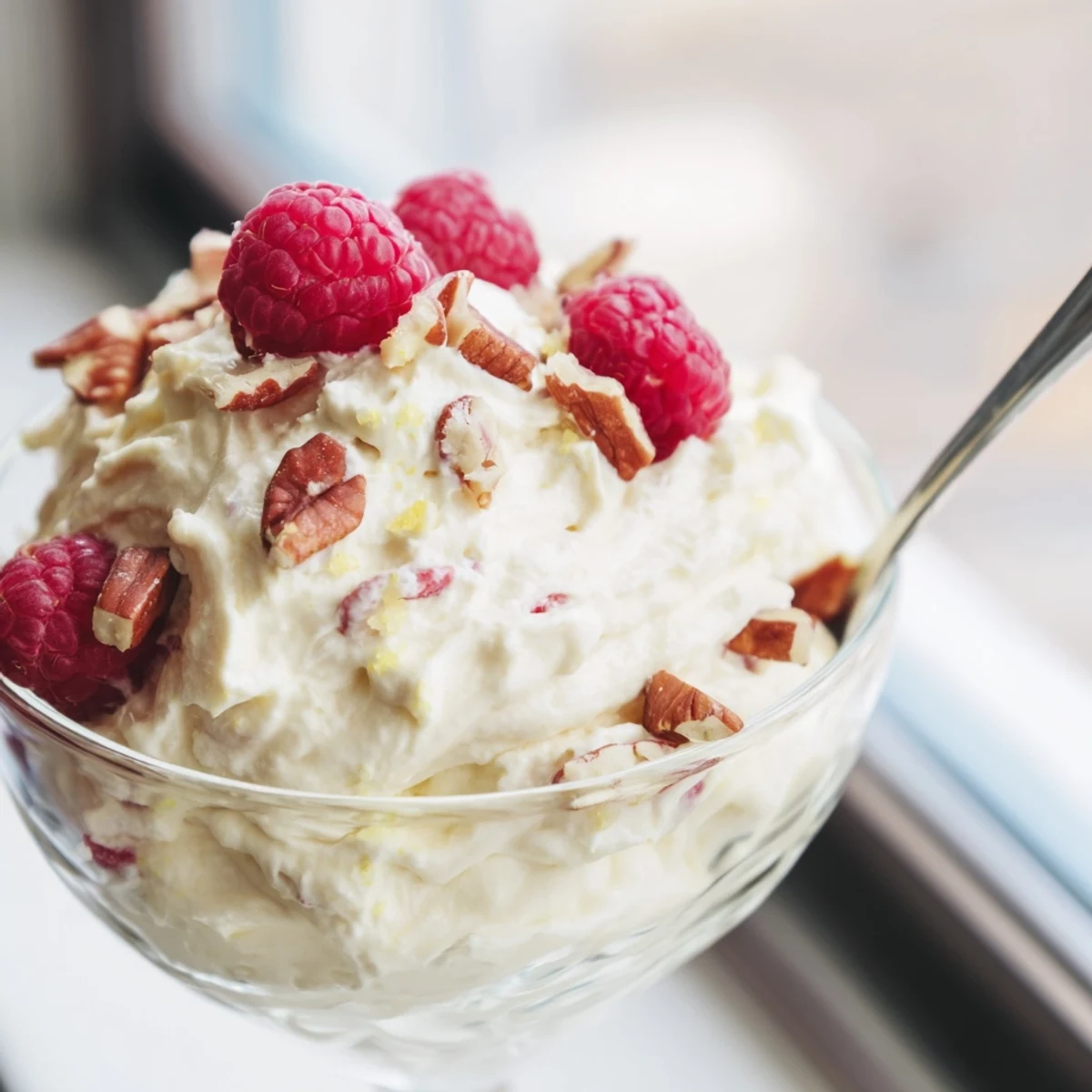 Creamy keto cheesecake fluff piled high in a glass topped with fresh red berries