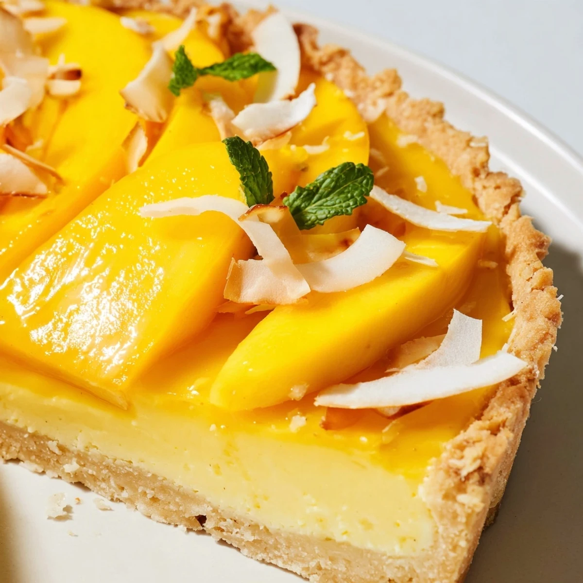 Golden mango curd tart with glossy tropical filling in a buttery crisp crust
