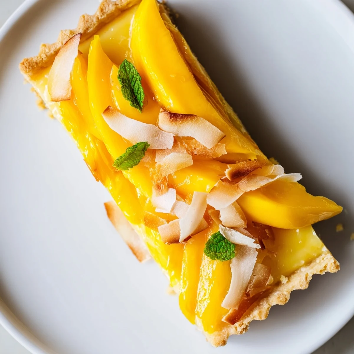 Silky mango curd tart topped with fresh mango slices and toasted coconut flakes