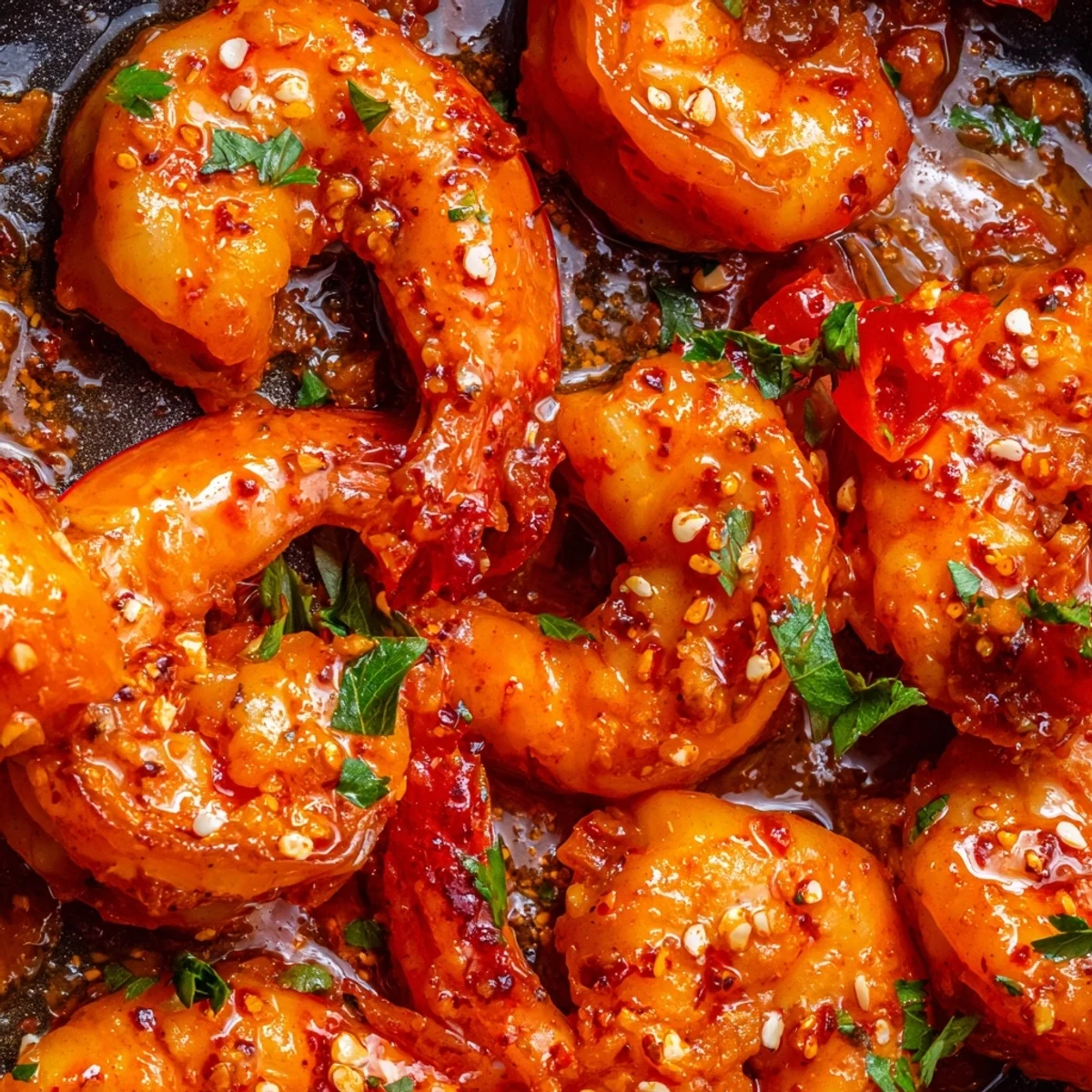 Golden garlic paprika shrimp skillet topped with fresh parsley and lemon wedges