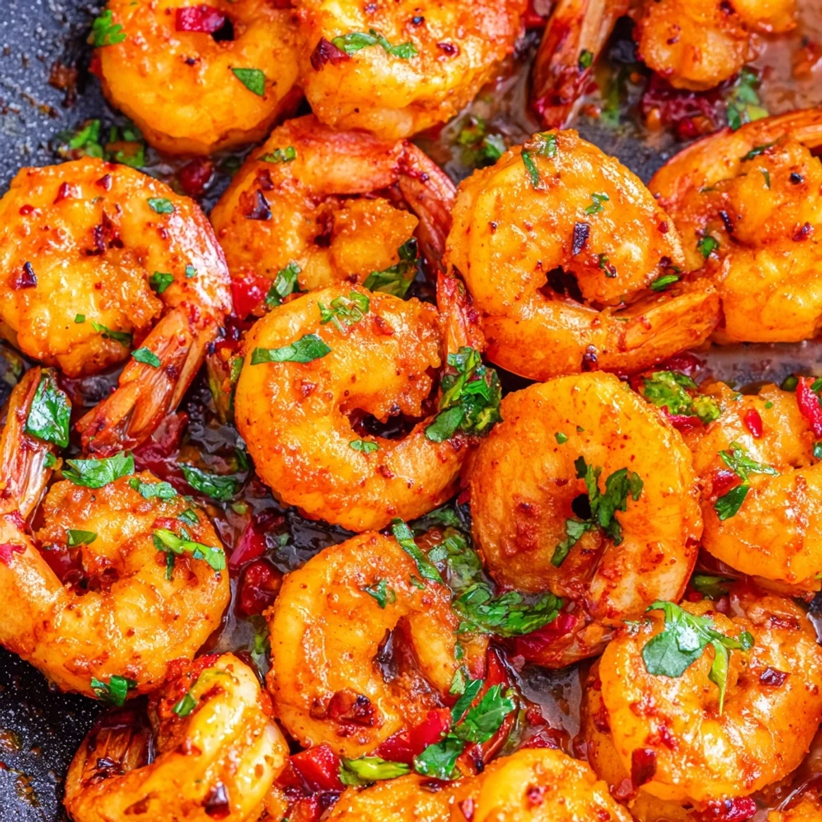 Sizzling garlic paprika shrimp skillet with pink curled shrimp in smoky orange spices