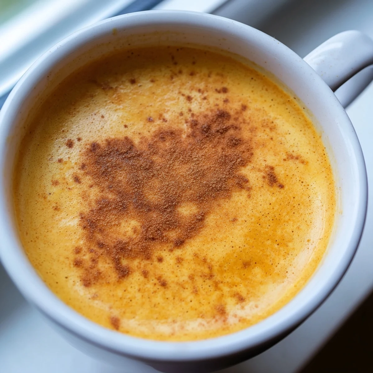 Creamy goguma latte topped with cinnamon in a cozy mug