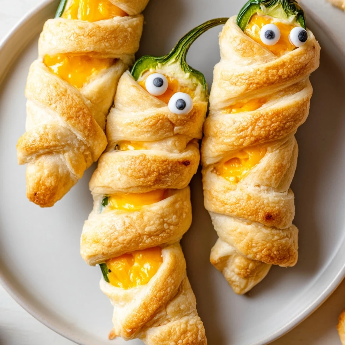 Crispy golden Mummy Jalapeno Poppers with creamy cheese filling and spooky candy eyes on a parchment-lined baking sheet