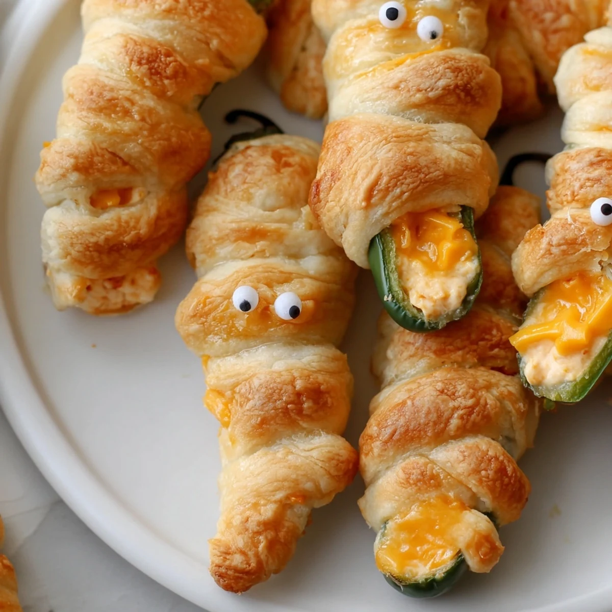 Close-up of Mummy Jalapeno Poppers wrapped in flaky crescent dough bandages, oozing melted cheddar and cream cheese
