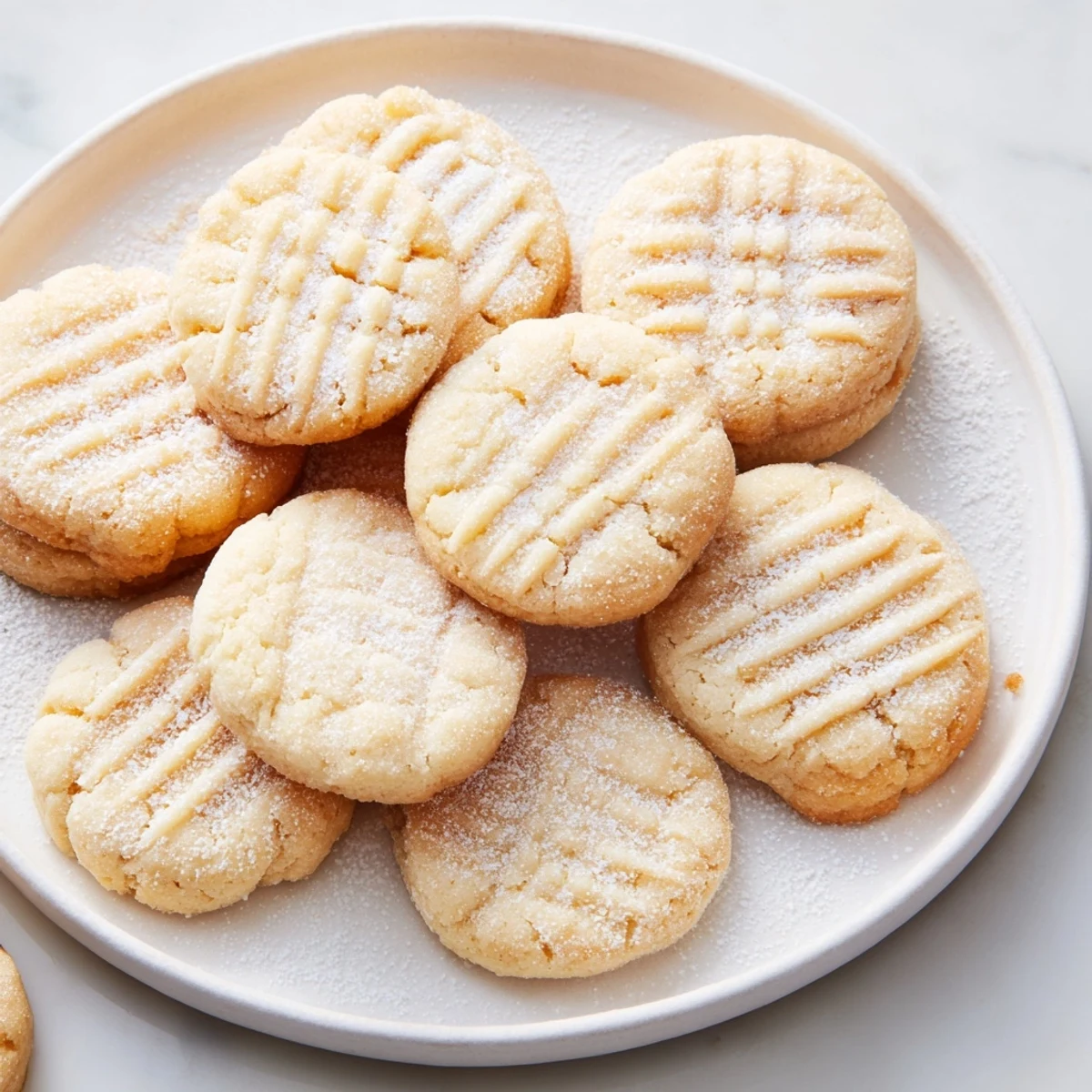 A plate of warm Grandma's Secret Butter Cookies beside a steaming cup of tea