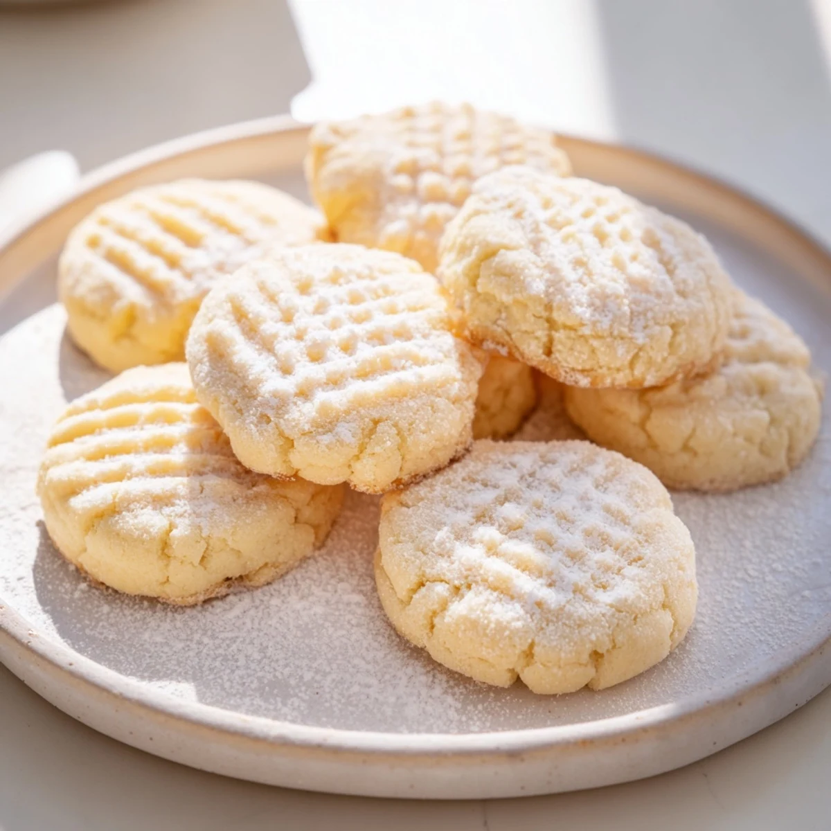 Golden Grandma's Secret Butter Cookies dusted with powdered sugar on a rustic plate