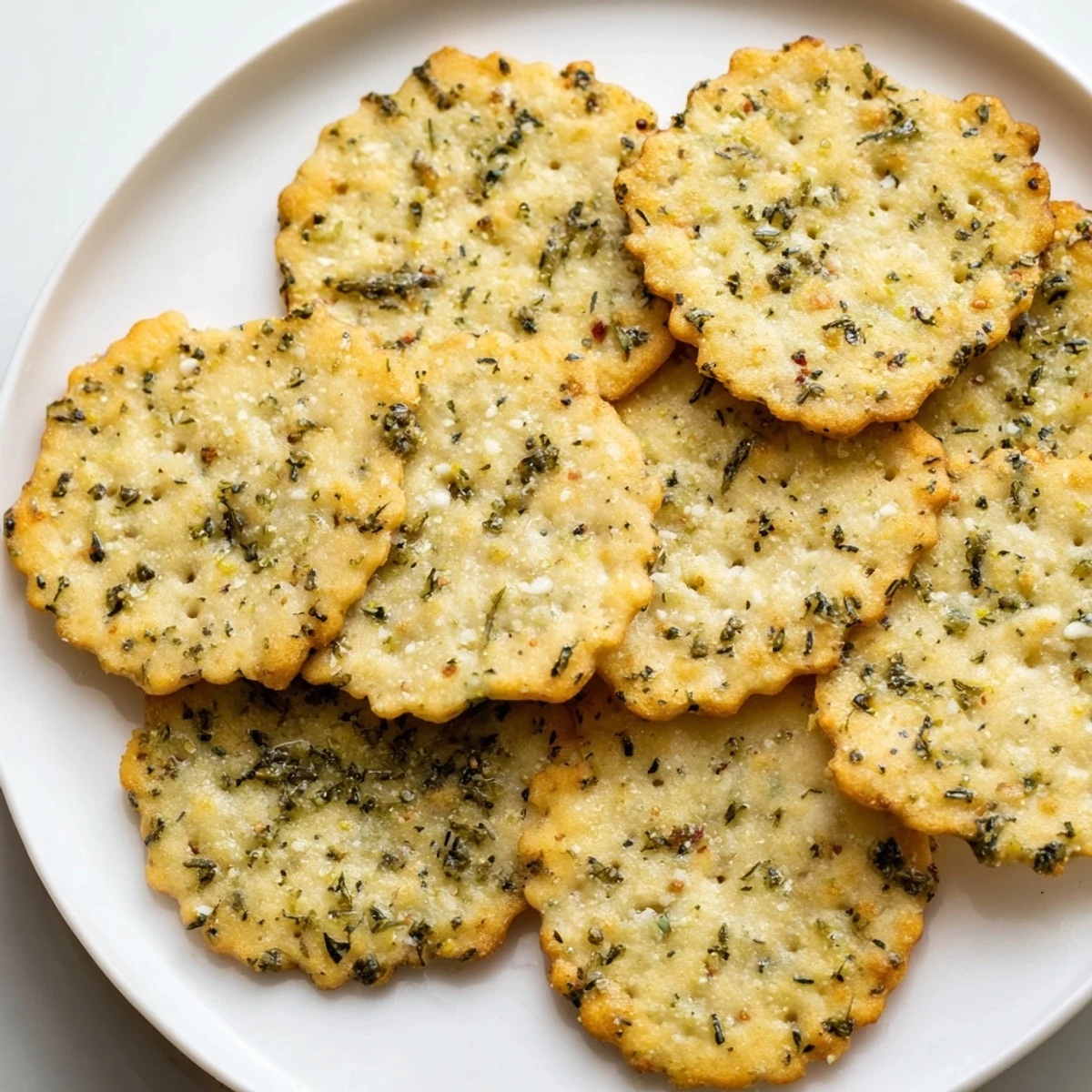 Crispy dill pickle saltines arranged on a rustic tray, flecked with fresh dill