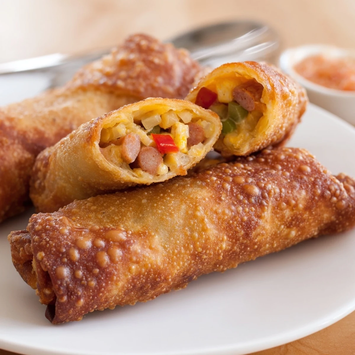 Golden crispy voodoo egg rolls arranged on a platter with spicy dipping sauce