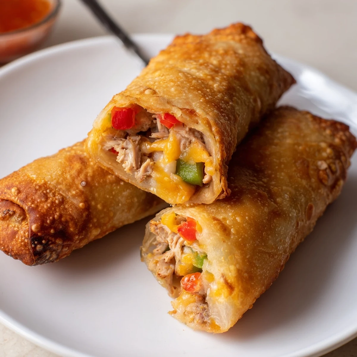 Plate of freshly fried voodoo egg rolls garnished with sliced jalapeños and herbs