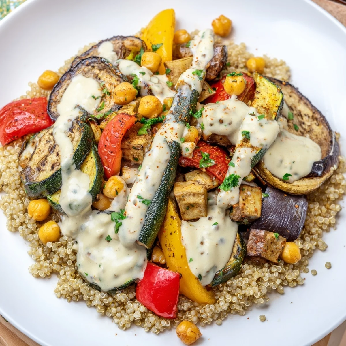 Golden roasted vegetables and chickpeas in a vegan Mediterranean bowl drizzled with creamy tahini dressing.