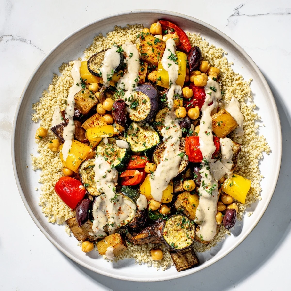 A warm vegan Mediterranean roasted vegetables bowl topped with fresh parsley and kalamata olives.