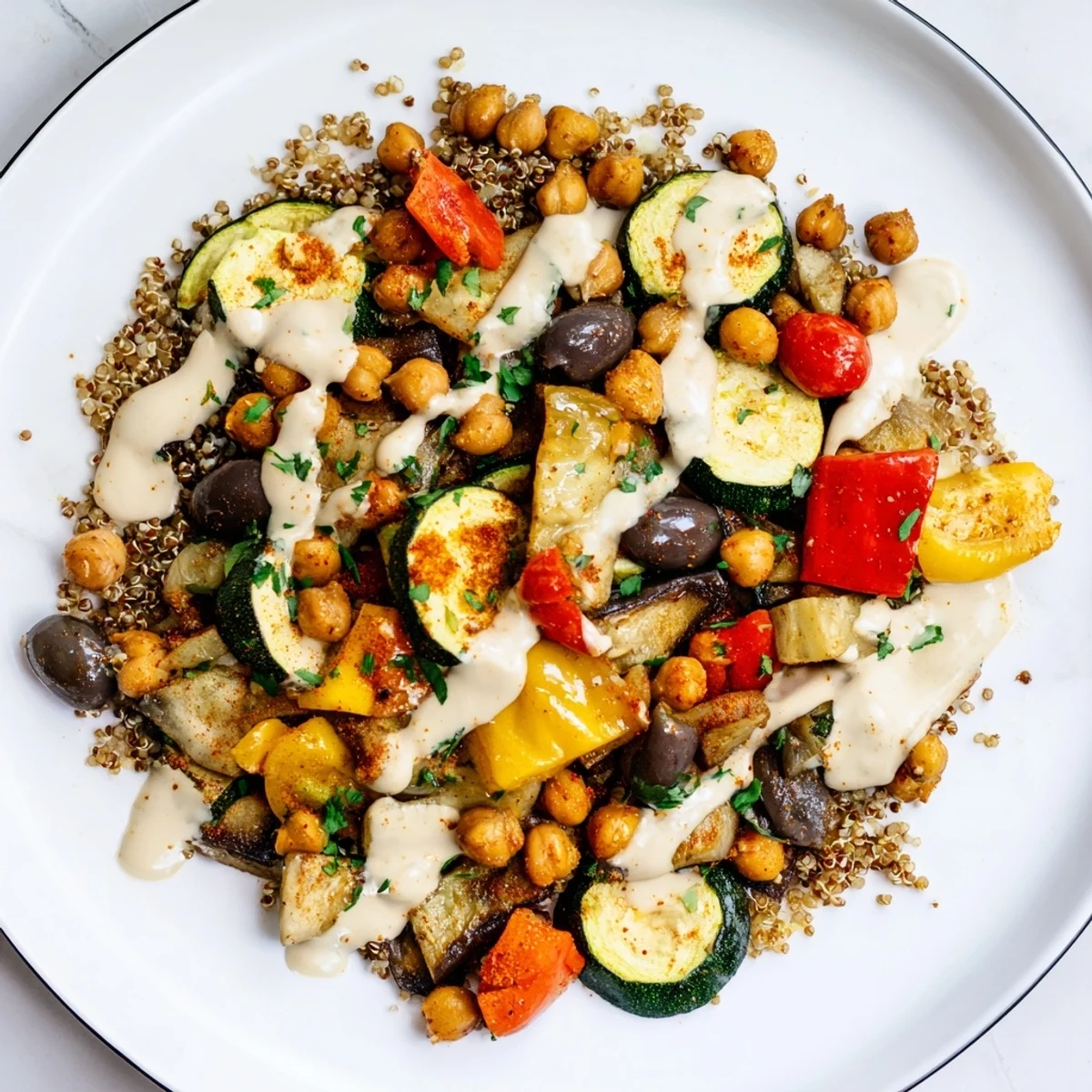 Crispy-edged eggplant and zucchini served in a vegan Mediterranean roasted vegetables bowl over quinoa.