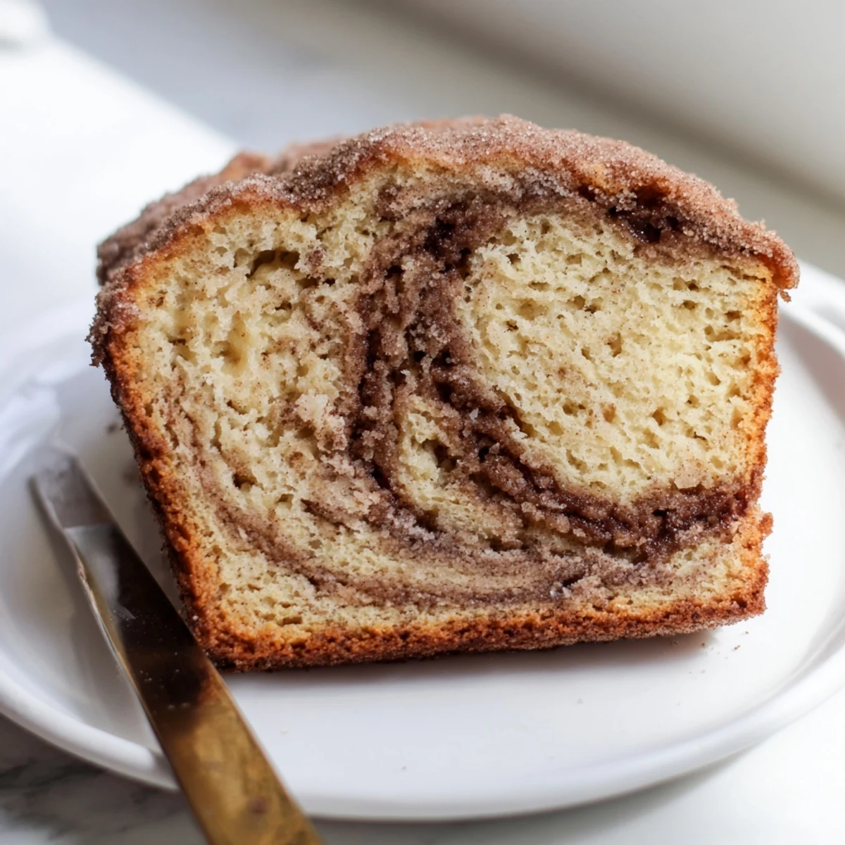 Golden snickerdoodle banana bread slices with a cinnamon-sugar swirl on a rustic board