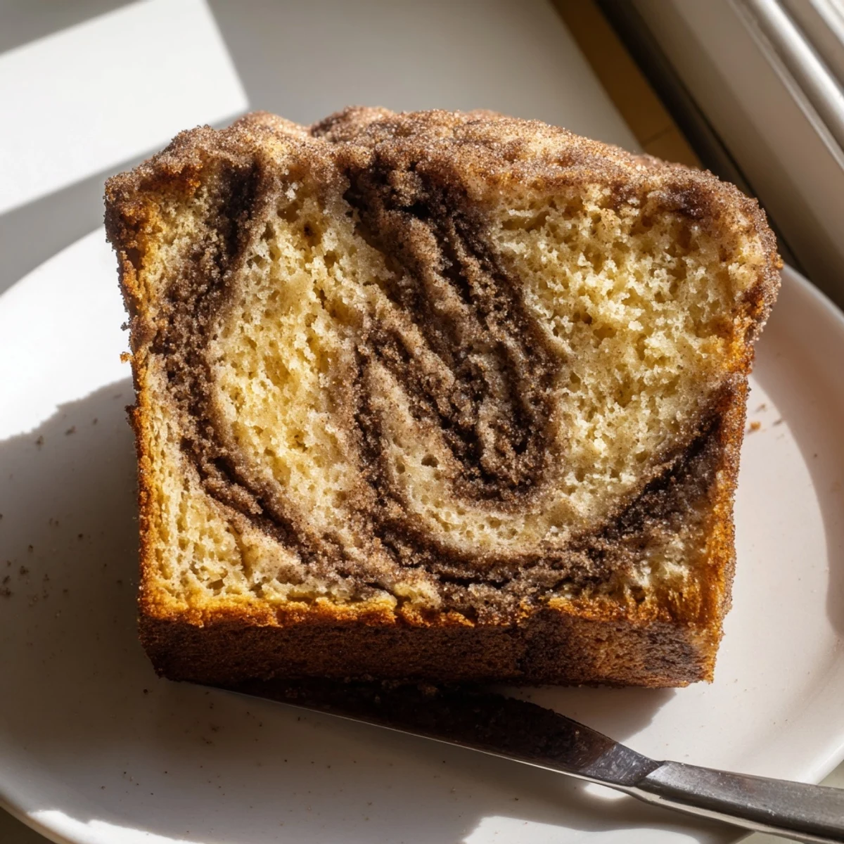 Thick slice of snickerdoodle banana bread served with melted butter on a white plate