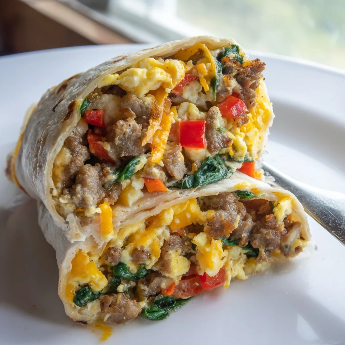 Make-ahead freezer breakfast burritos filled with savory sausage, peppers, and fluffy eggs
