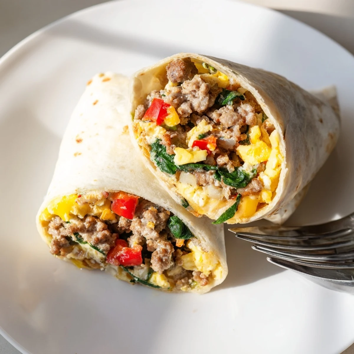 Golden freezer breakfast burritos stuffed with scrambled eggs, sausage, and melted cheddar cheese
