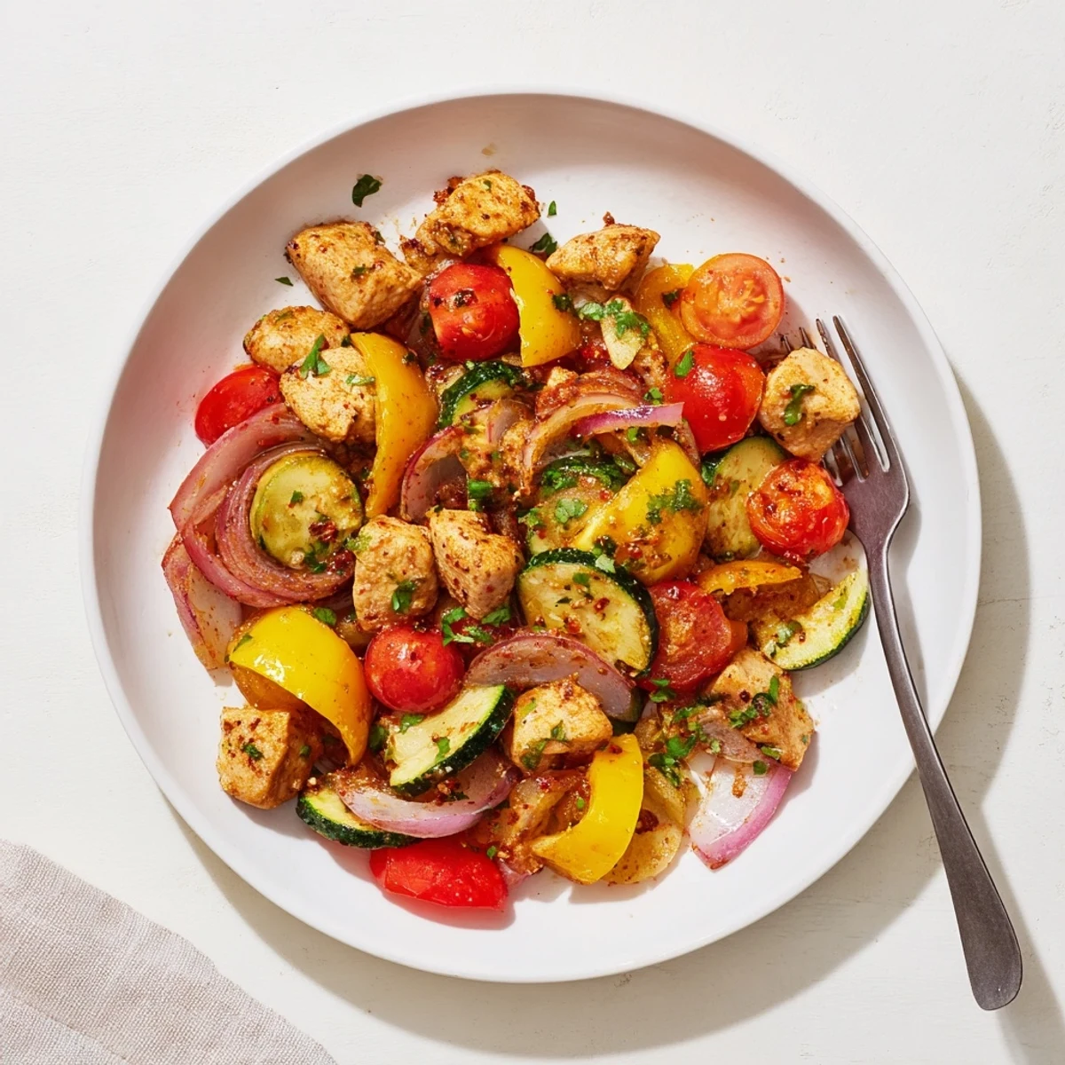 Golden chicken and colorful bell peppers in a quick flavorful one pan dish
