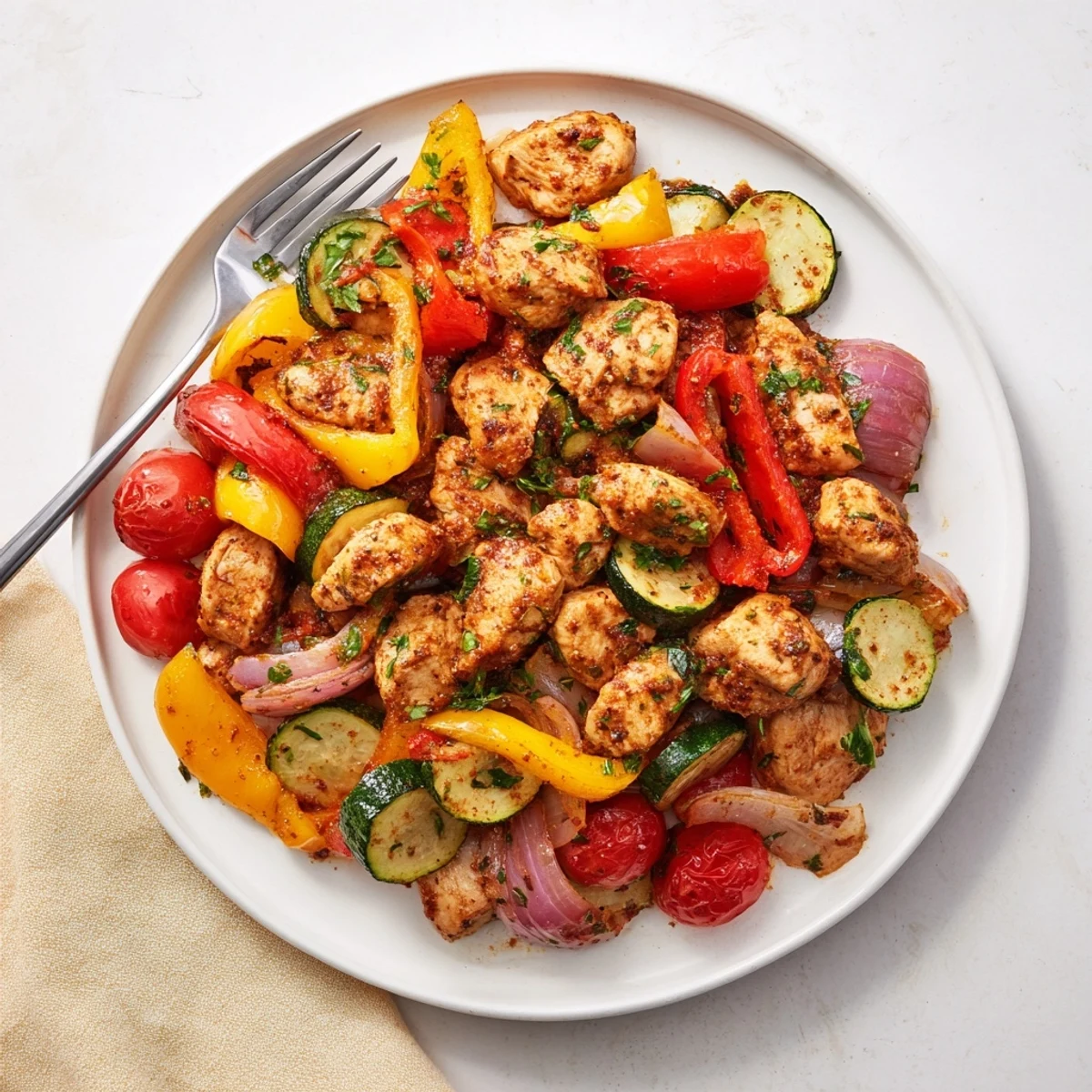 Steaming skillet of quick flavorful one pan dish garnished with fresh parsley