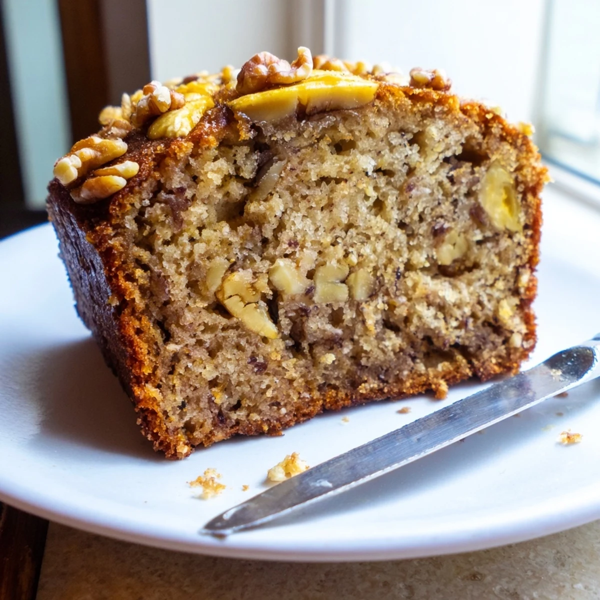 Golden banana nut bread loaf sliced on a rustic cutting board with scattered walnuts
