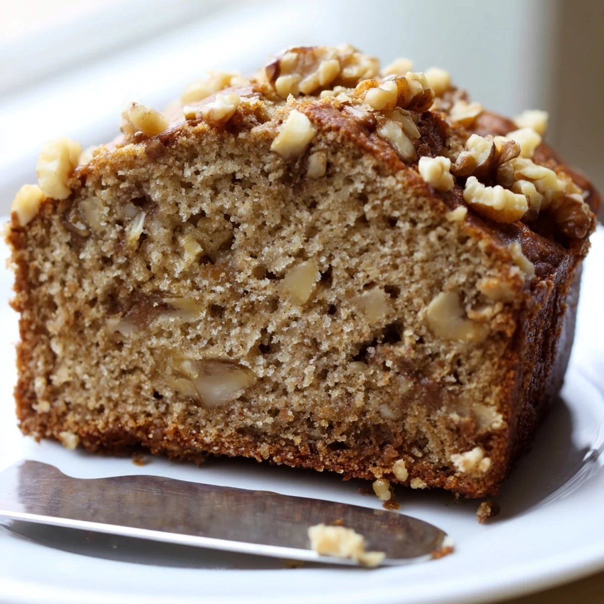 Moist banana nut bread topped with crunchy pecans and dusted with cinnamon on a wire rack