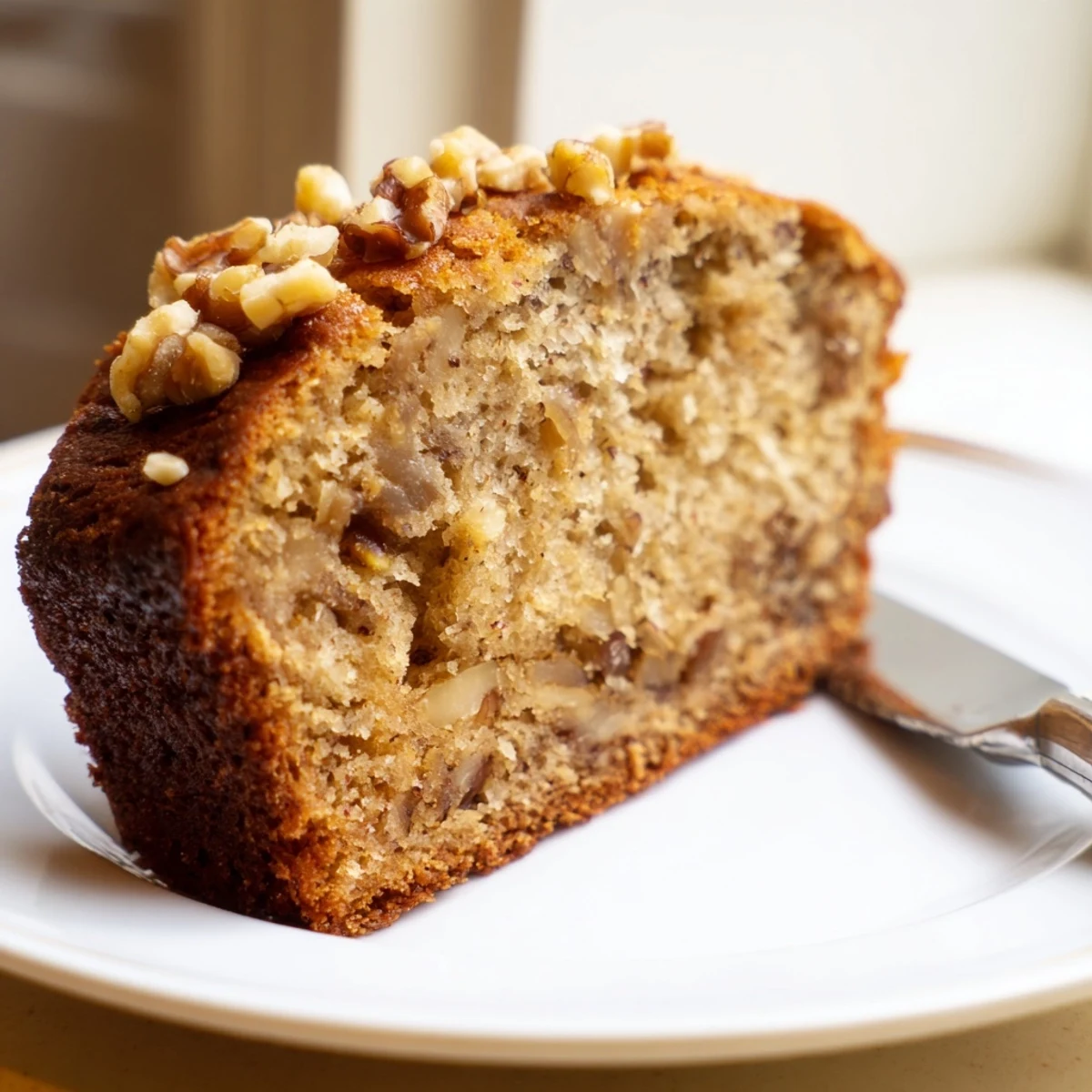 Warm banana nut bread slices stacked next to a cup of coffee on a checkered cloth