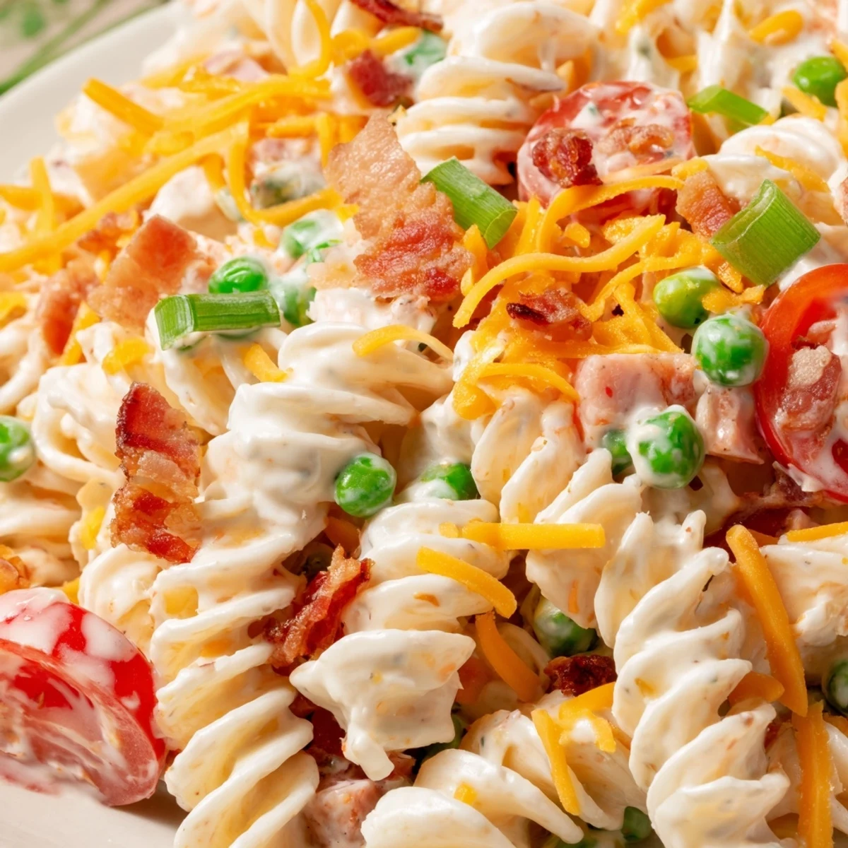 Creamy crack pasta salad piled high with colorful veggies and crispy bacon bits