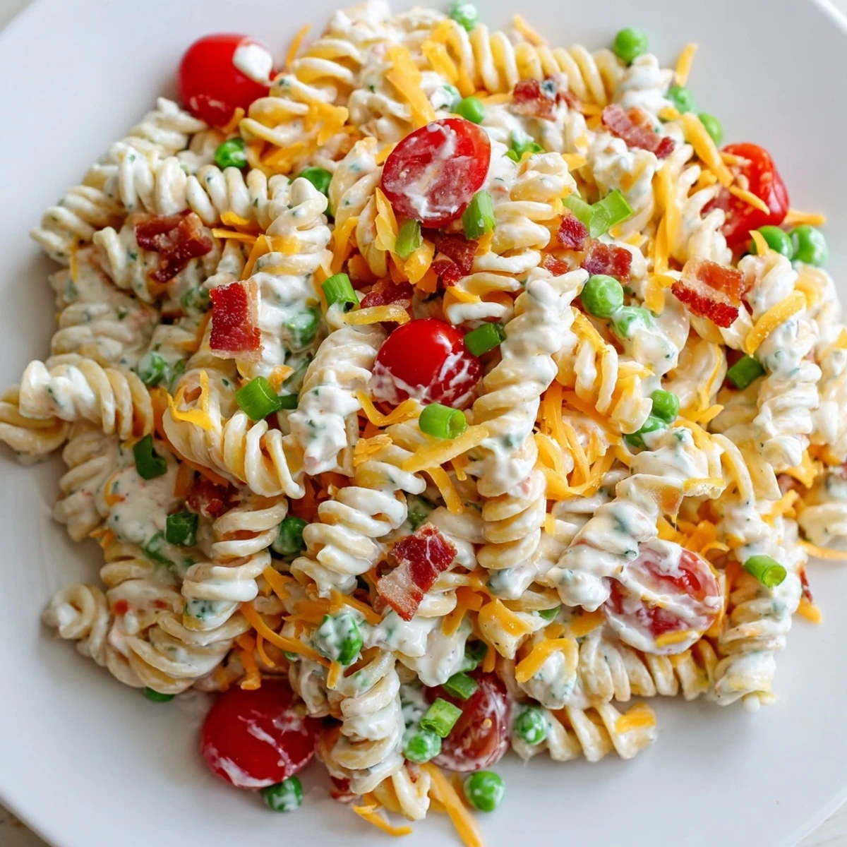 Colorful crack pasta salad in a bowl topped with cheddar and cherry tomatoes
