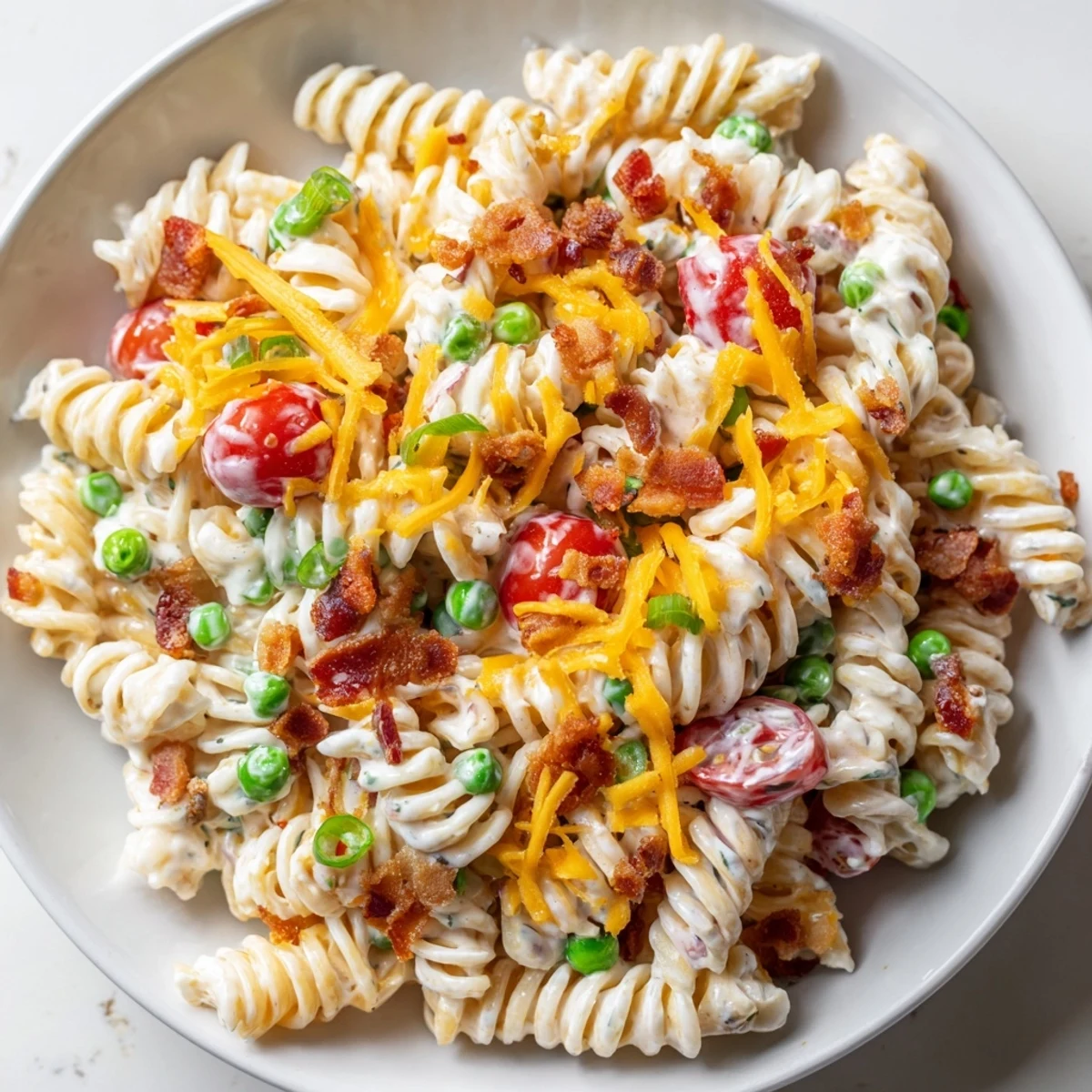 Chilled crack pasta salad tossed in tangy ranch dressing with crunchy bell pepper