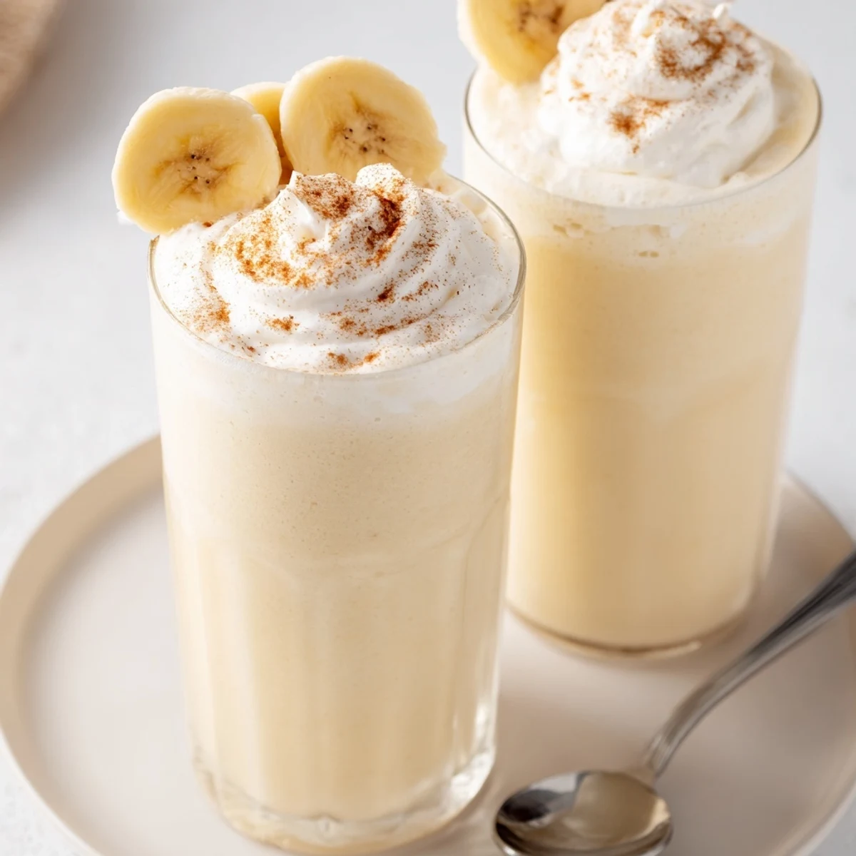 Creamy Vanilla Banana Shake in chilled glass topped with whipped cream  