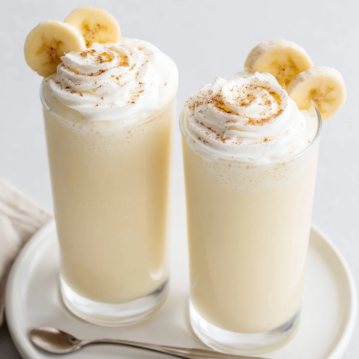 A chilled Vanilla Banana Shake poured into two glasses, ready to sip