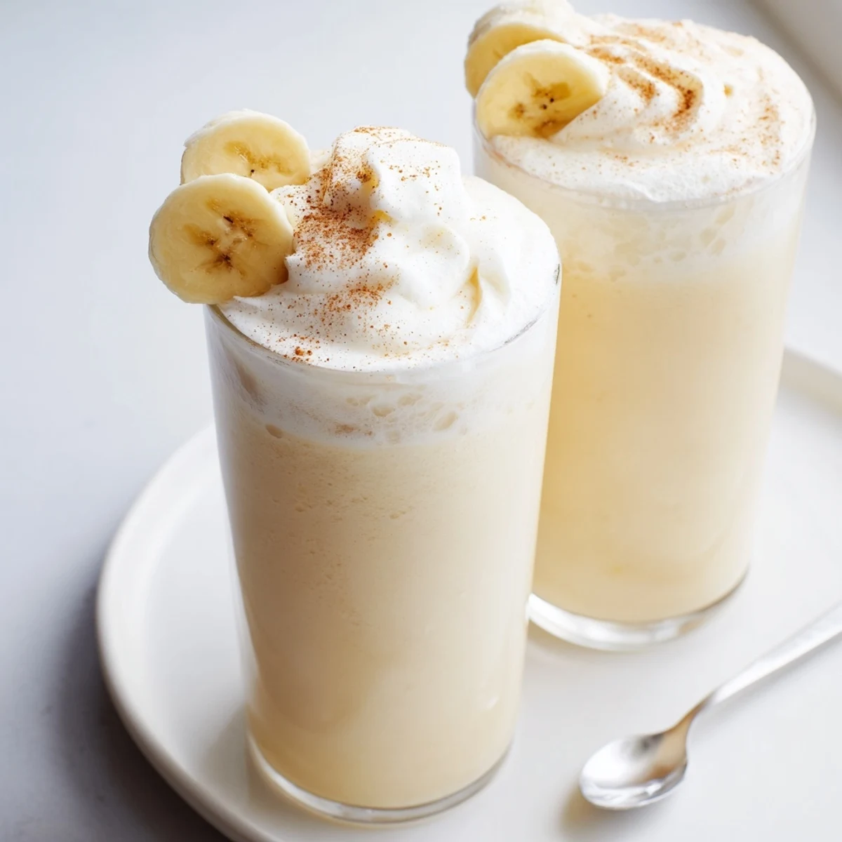 Frosty Vanilla Banana Shake blended with maple syrup, served with toast  