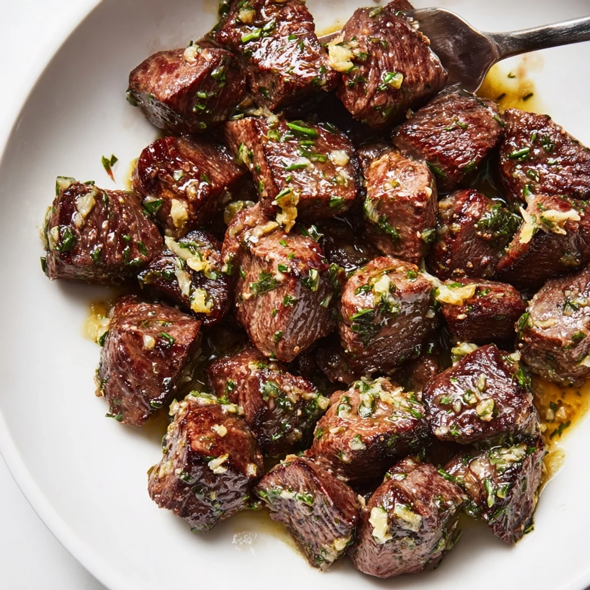 Weeknight Cowboy Butter Steak Bites recipe plated with lemon zest and fresh herbs
