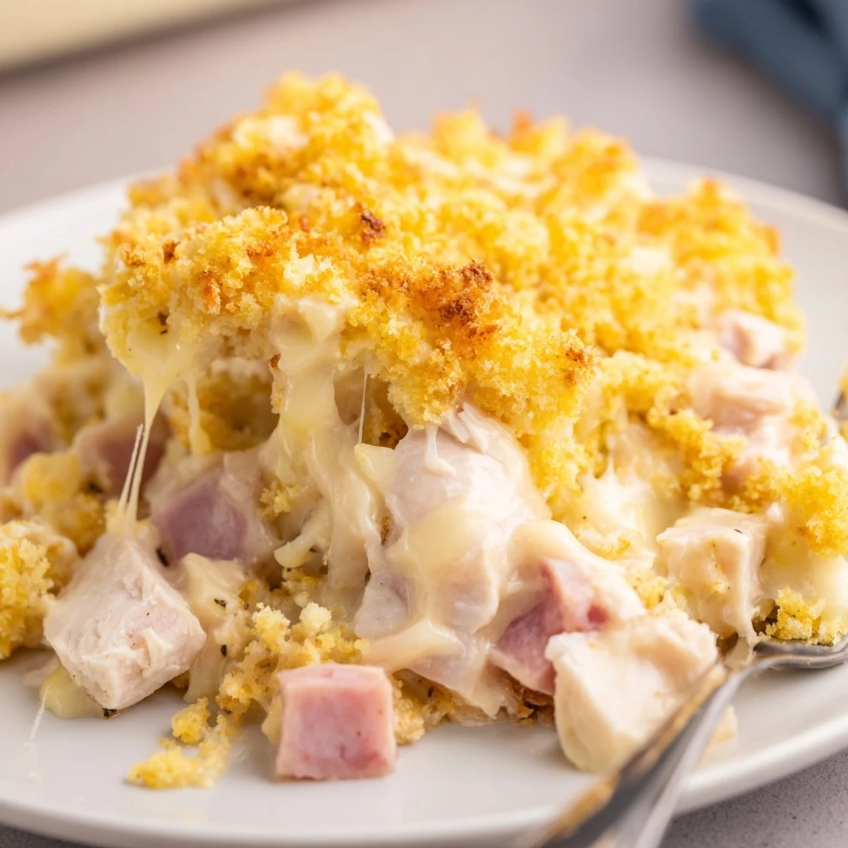 Serve warm Chicken Cordon Bleu Casserole Recipe, tender chicken, smoky ham, bubbling sauce
