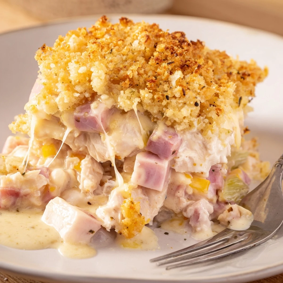 Hearty Chicken Cordon Bleu Casserole Recipe layered with ham, crisp Parmesan Panko topping