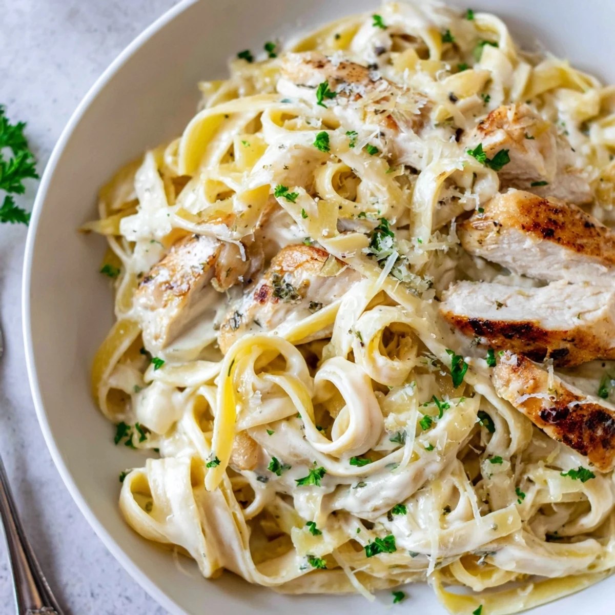 Creamy Garlic Chicken Pasta plated with parsley, steaming, silky sauce coating fettuccine
