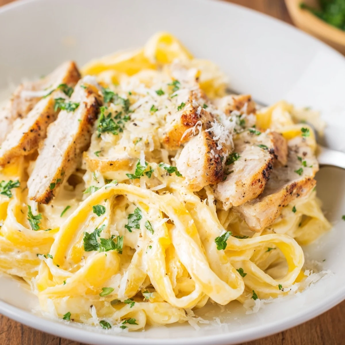 Weeknight Creamy Garlic Chicken Pasta in shallow bowl, fragrant garlic, comforting creaminess