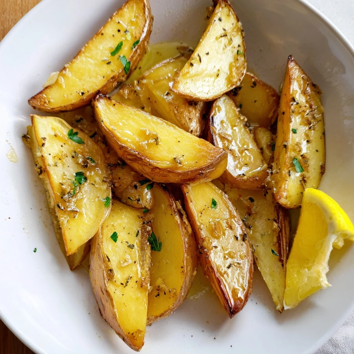 Golden wedges of Authentic Greek Lemon Potatoes recipe glistening with lemon-herb juices