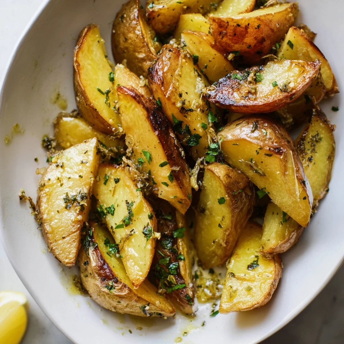 Hearty serving of Authentic Greek Lemon Potatoes recipe, served hot with lemon wedges