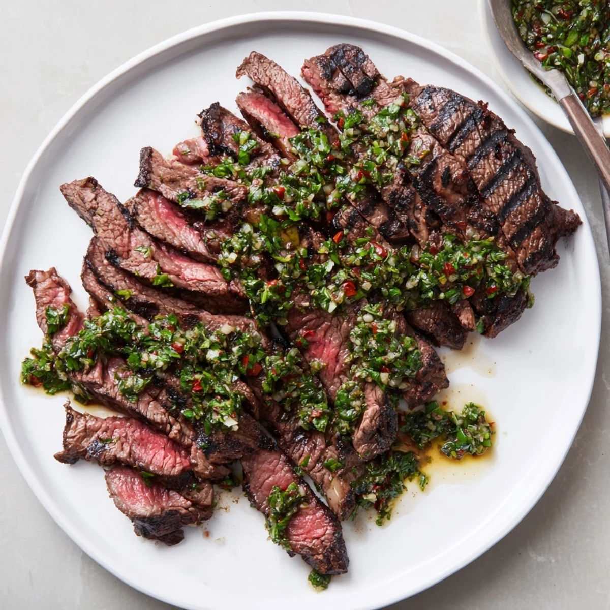 Chimichurri Steak Recipe plated with rustic lemon wedges, fresh parsley garnish