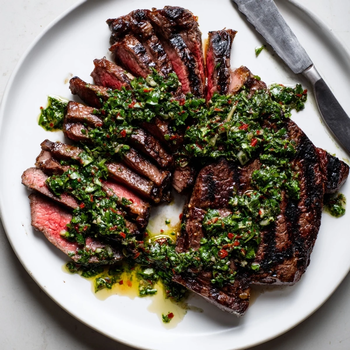 Grilled Chimichurri Steak Recipe with vibrant green sauce and juicy slices