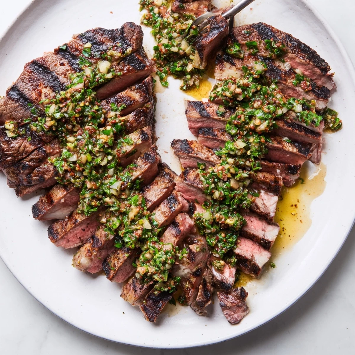 Sliced Chimichurri Steak Recipe resting under glossy herb sauce, perfect for sharing