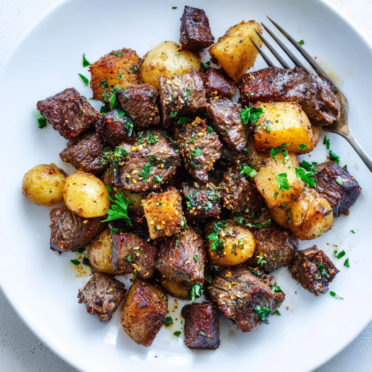 Garlic Steak Bites and Potatoes sizzling in garlic butter, finished with parsley.  