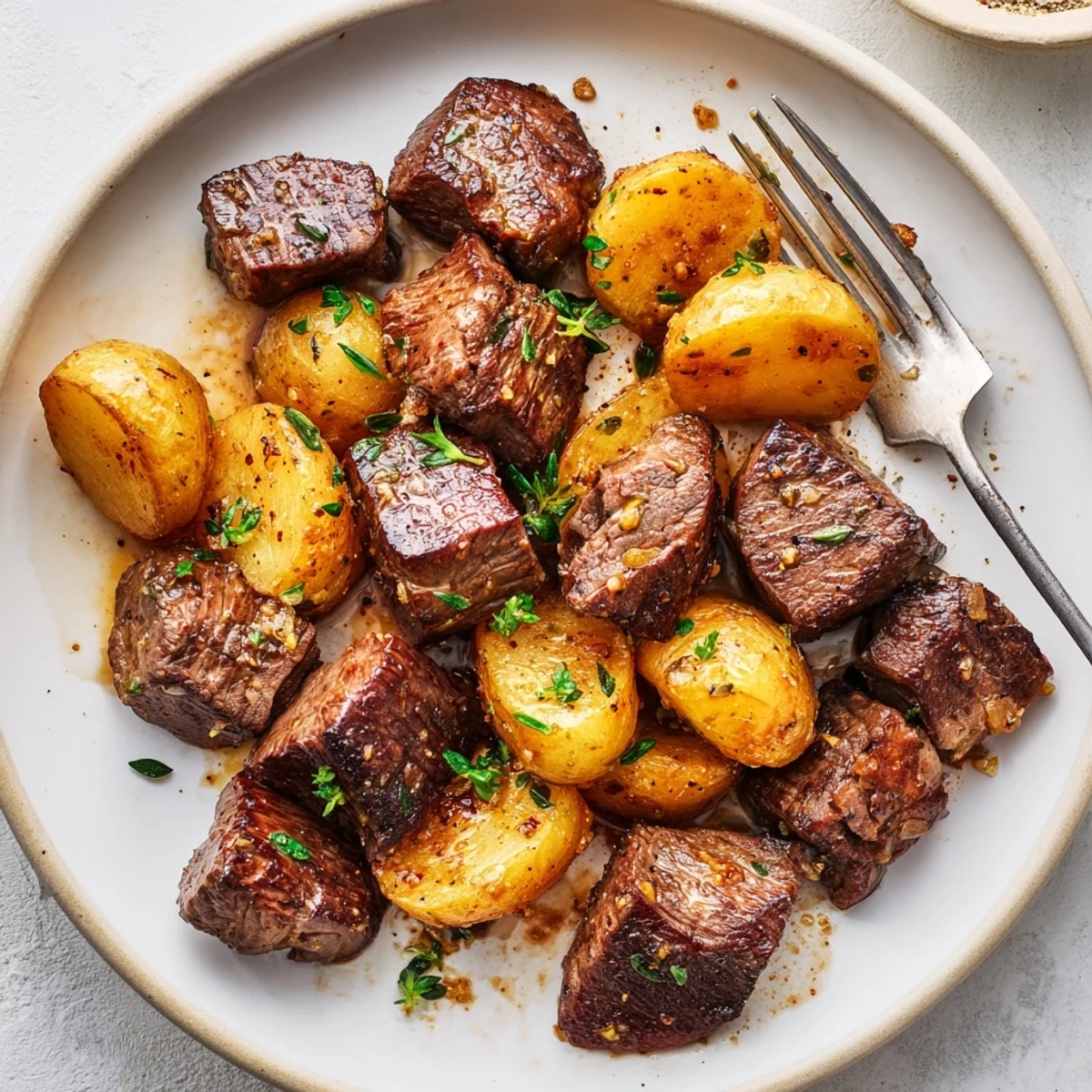 Weeknight Garlic Steak Bites and Potatoes plated hot, crisped edges, buttery aroma.