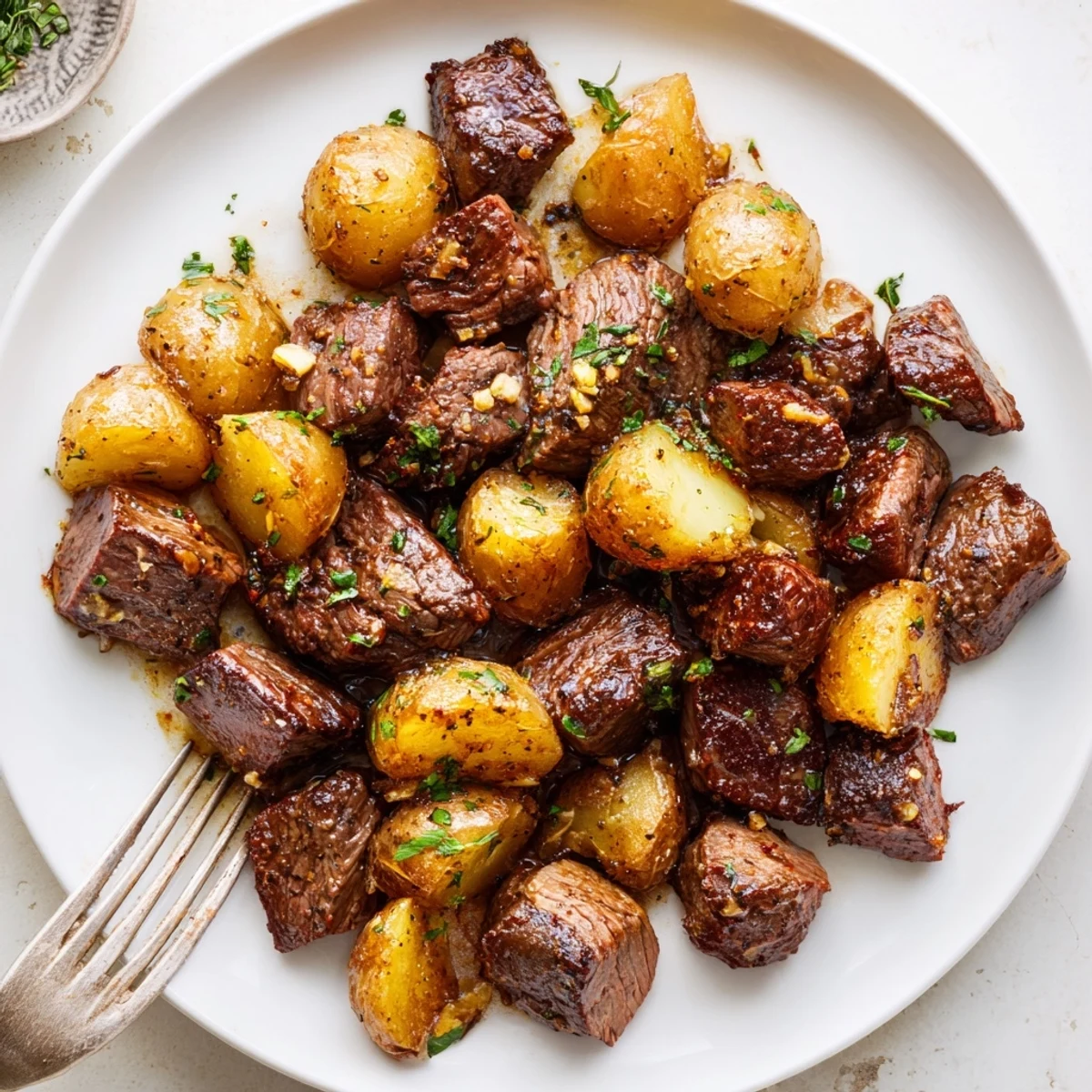 Pan-seared Garlic Steak Bites and Potatoes paired with lemony parsley garnish.  