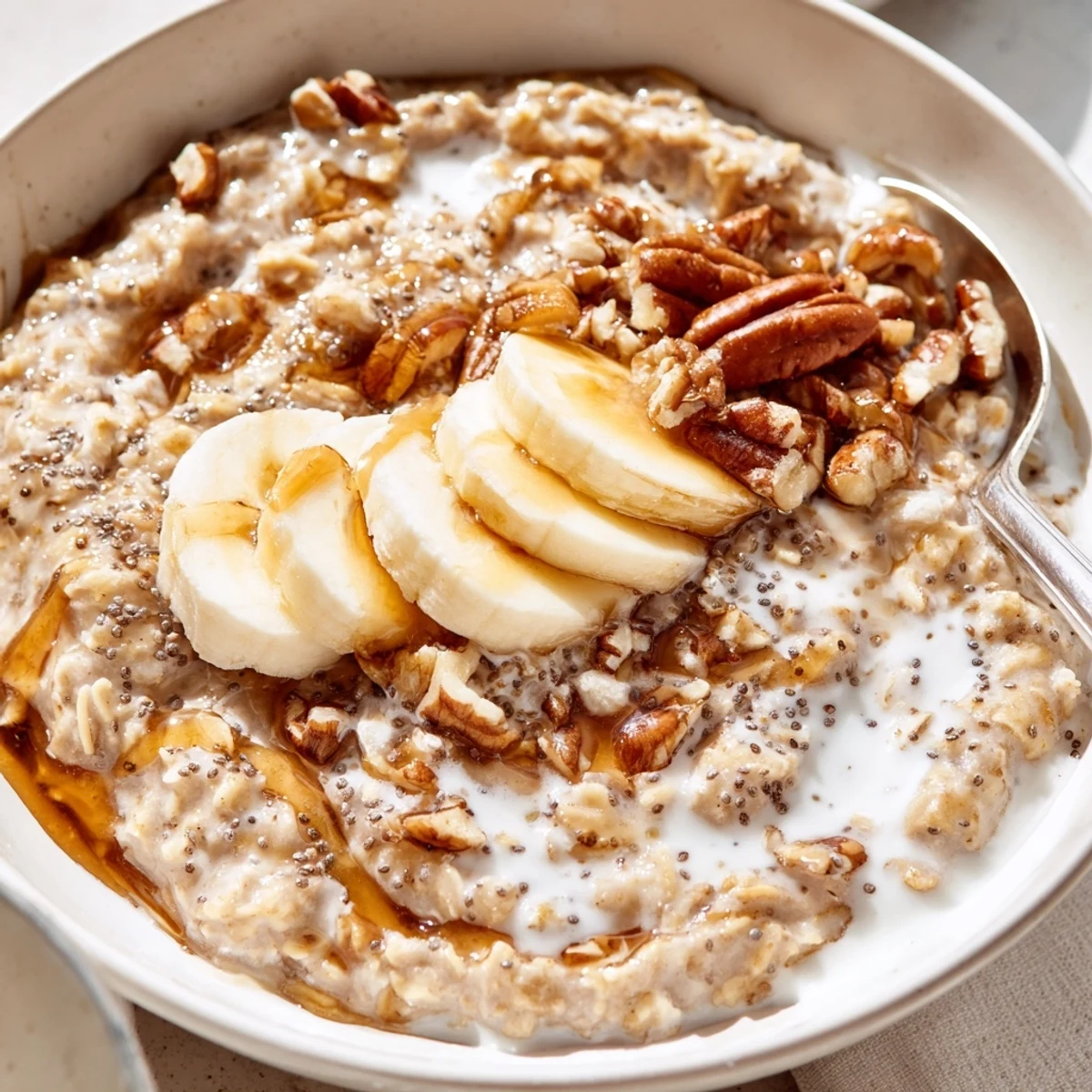 Jar of chilled Brown Sugar Coffee Overnight Oats ready for busy weekday mornings